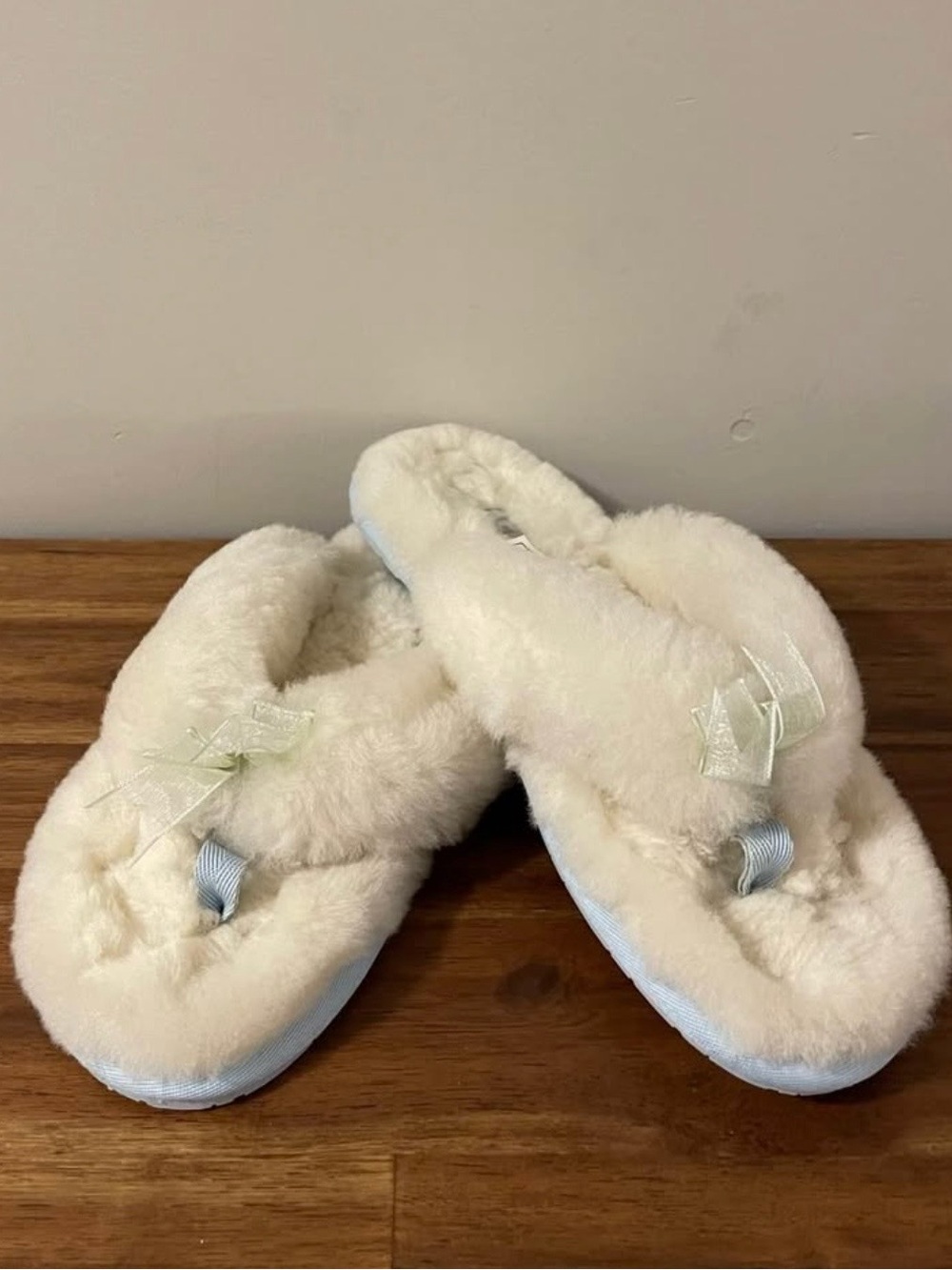 UGG Cream Plush Flip Flop Slippers with Bow